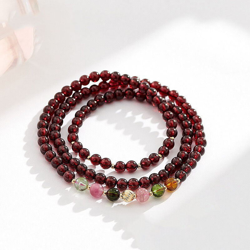 天然石榴石酒红水晶彩虹碧玺多圈手串