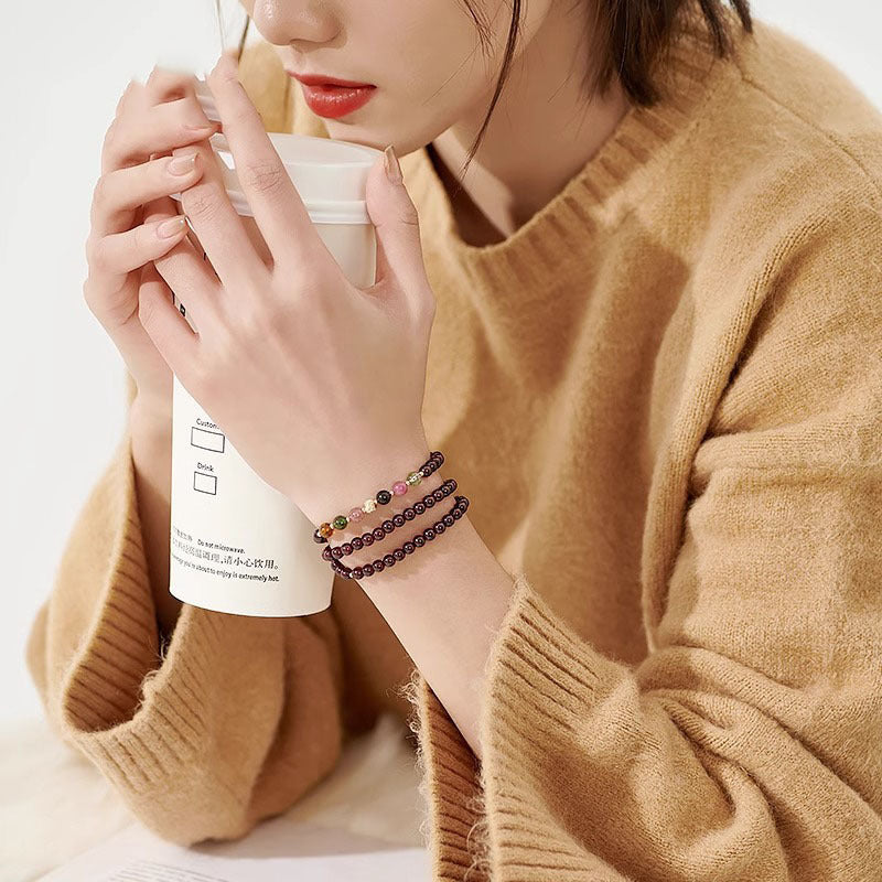 天然石榴石酒红水晶彩虹碧玺多圈手串