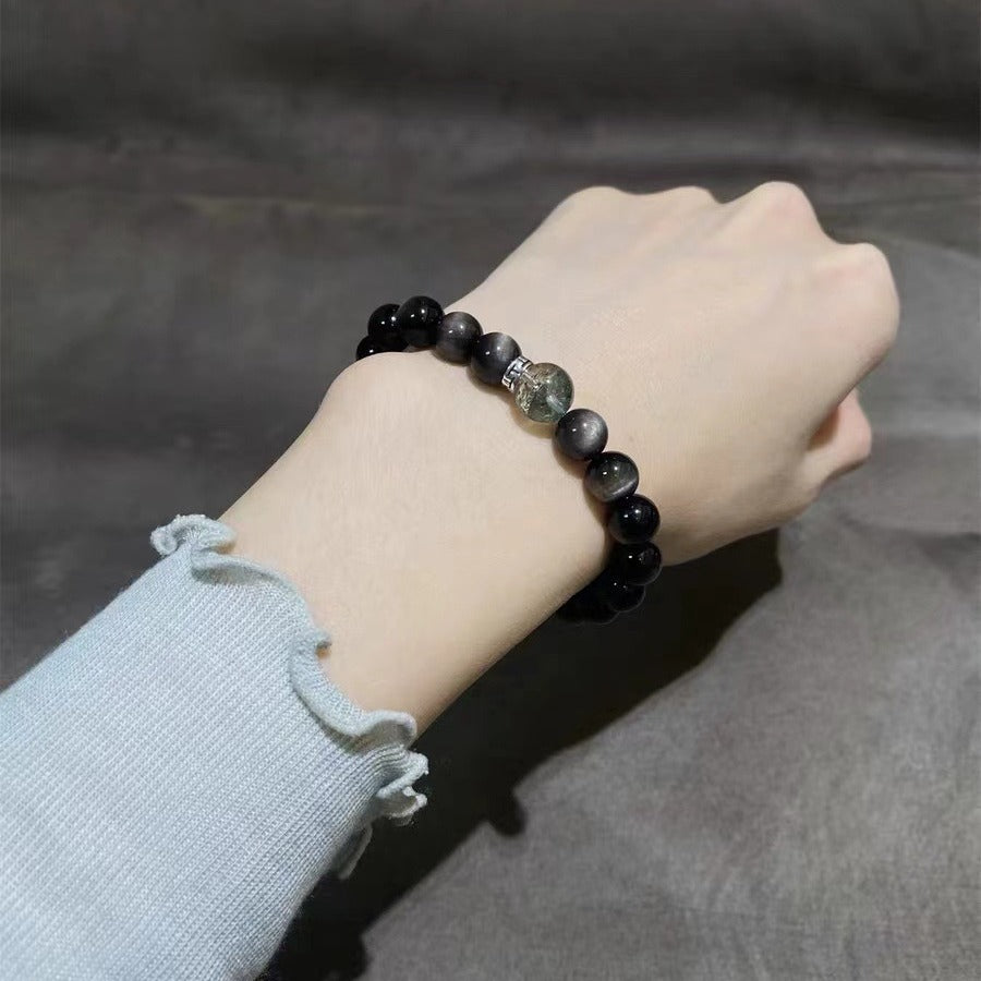 发光森林天然黑耀石手串男女款绿幽灵串珠手链