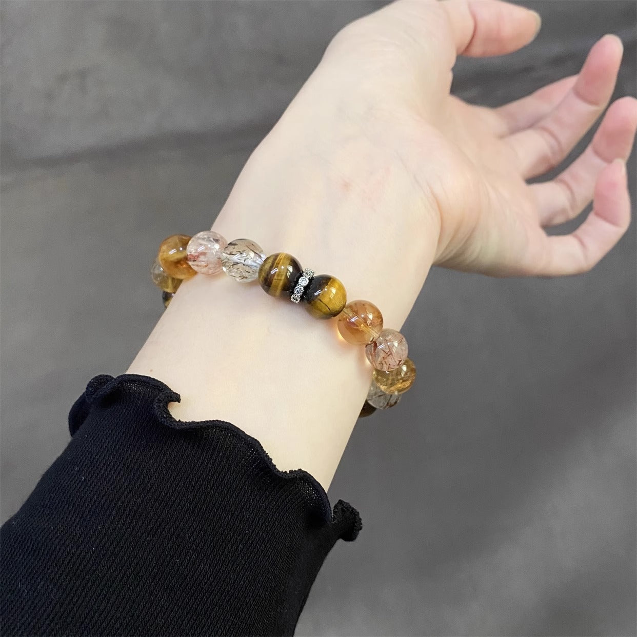 天然黑金超黄塔晶水晶串虎眼石情侣款手链