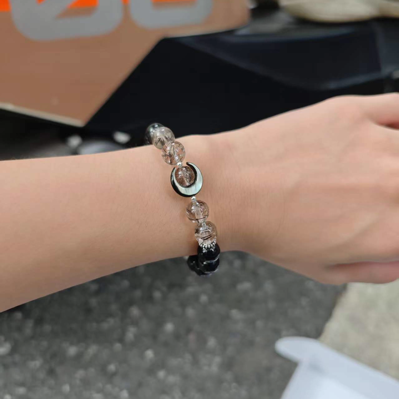 天然白水晶黑发晶黑曜石男女情侣款手串