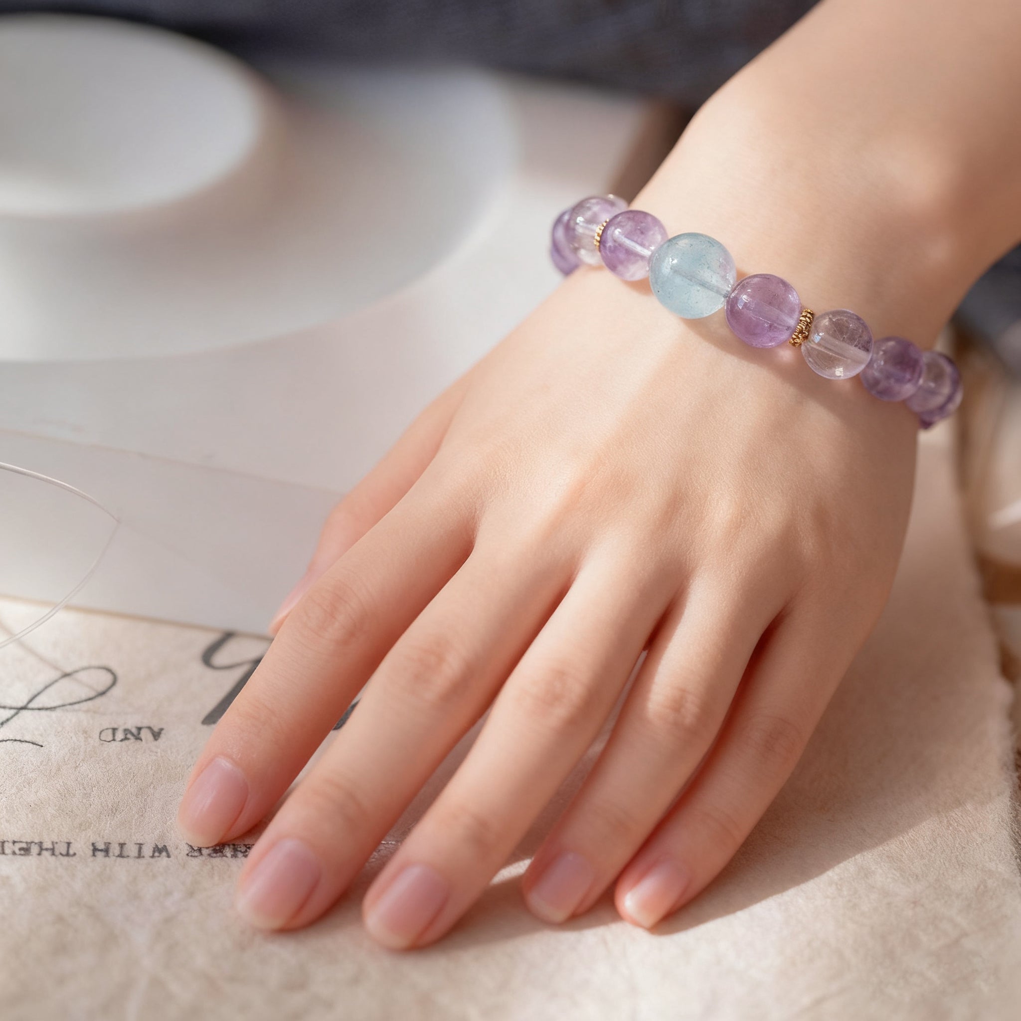天然薰衣草紫水晶手串女中国风海蓝宝手串白水晶女学生水晶手链女